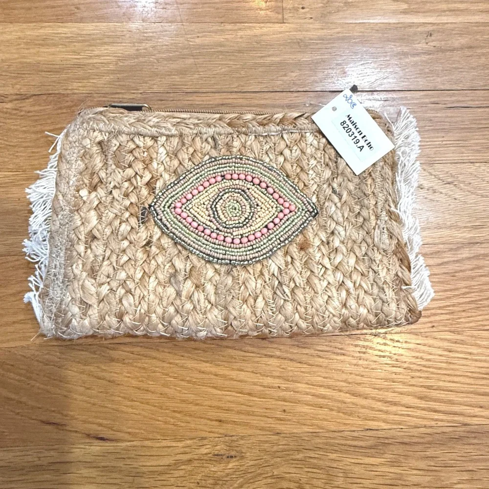 Maison Boho Jute Evil Eye Beaded Fringe Clutch Pouch Tan‎ White